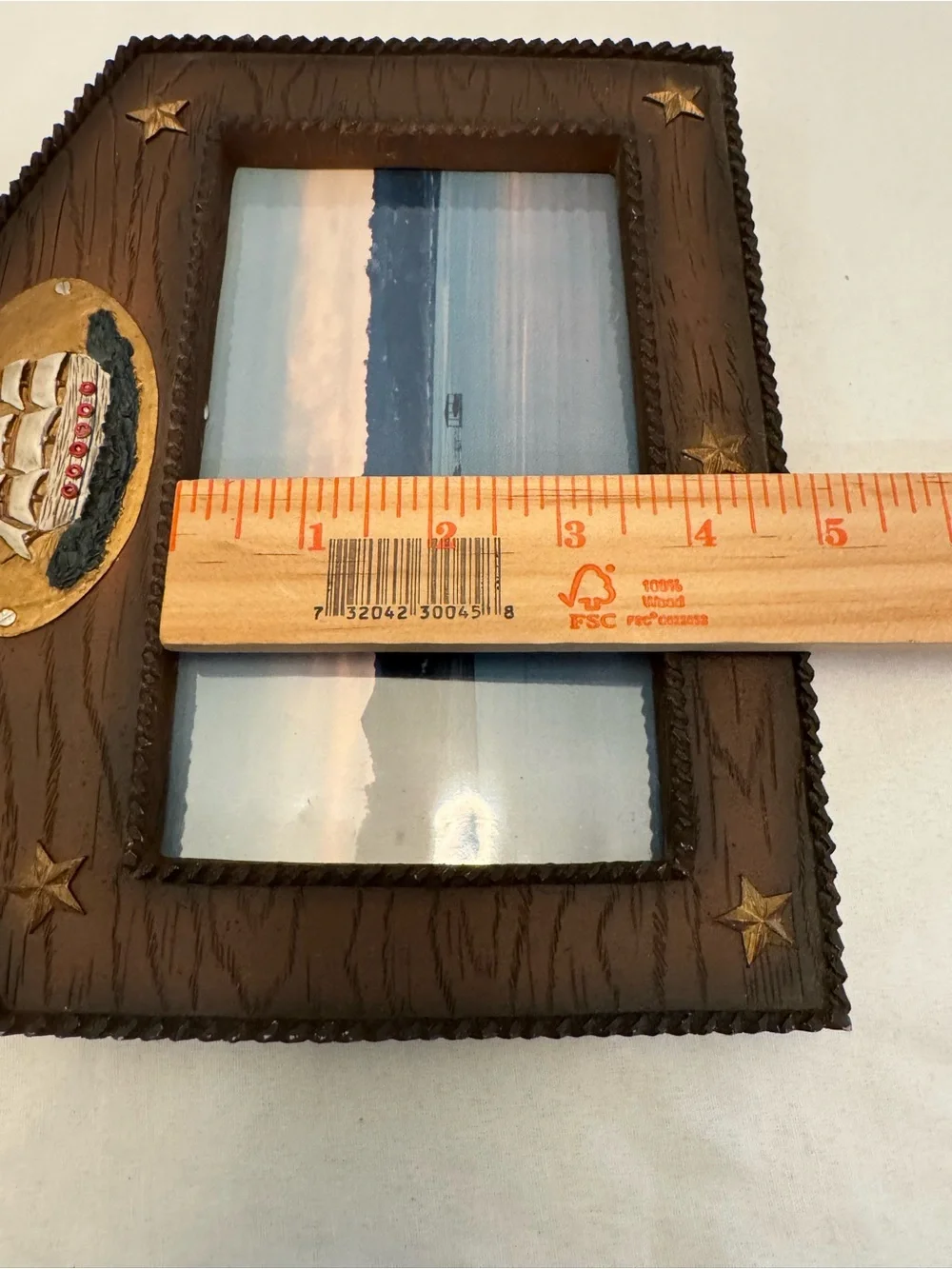 Vintage 3D Nautical Picture Frame • Hand Painted Clipper Ship & Gold Stars - 4x6